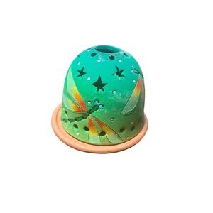 Terracotta Candle Holder Green Dragonfly Star Cutouts Tealight Votive Fairy Lamp